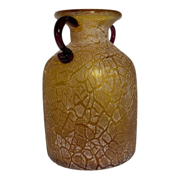 Vintage Hand Blown Art Glass Handled Vase Frosted Crackle Textured Brown Rare - Picture 8 of 10